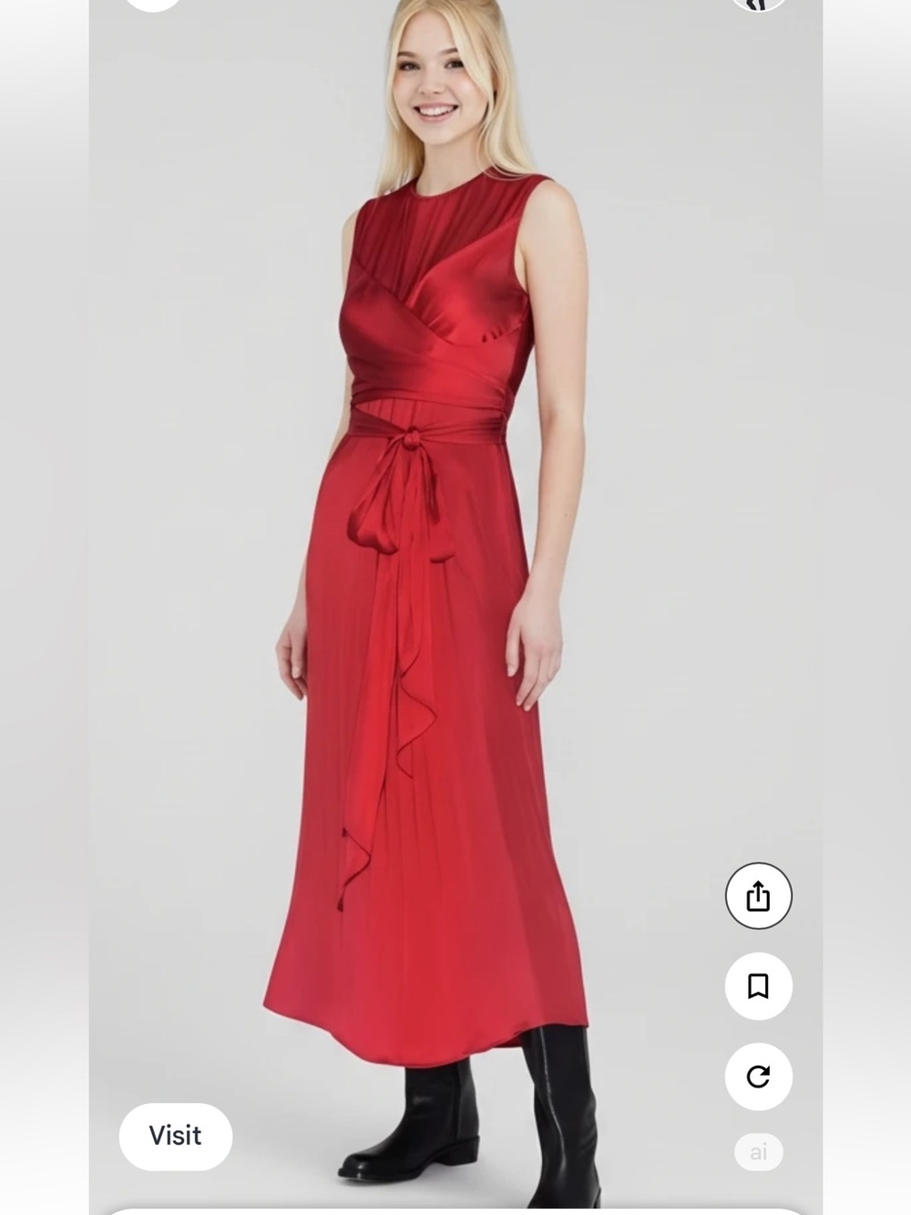 👗Zara Red Sleeveless Pleated Satin Midi Dress with Waist Tie